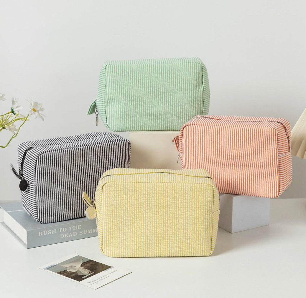 Personalized Seersucker Cosmetic Bag | Custom Embroidered Name Travel Pouch | College Gift