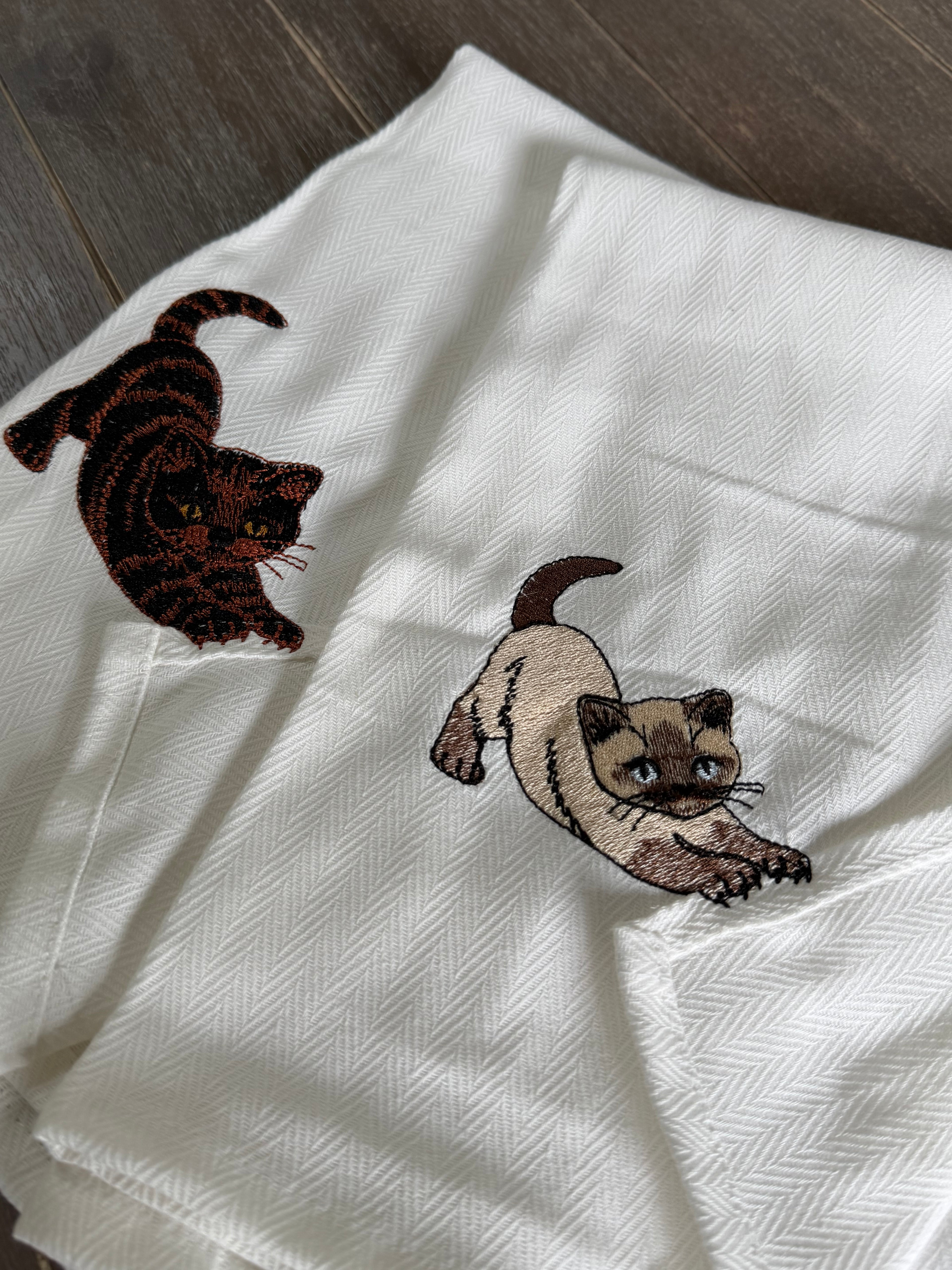 Embroidered Cat Waffle Kitchen Towel