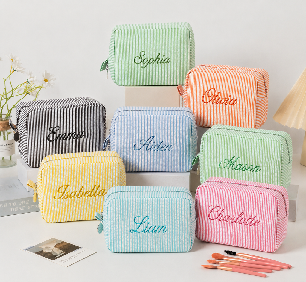 Personalized Seersucker Cosmetic Bag | Custom Embroidered Name Travel Pouch | College Gift