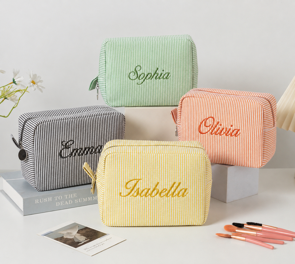 Personalized Seersucker Cosmetic Bag | Custom Embroidered Name Travel Pouch | College Gift