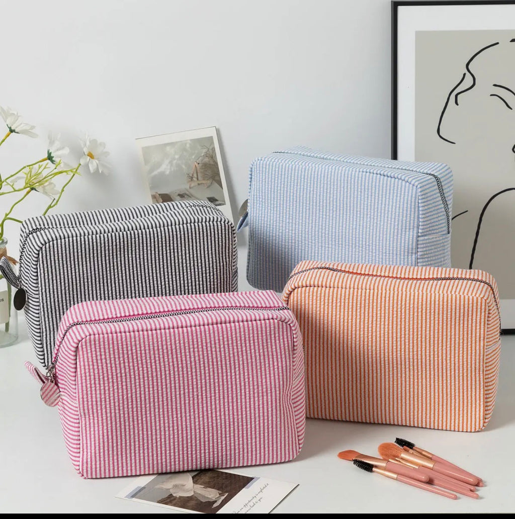Personalized Seersucker Cosmetic Bag | Custom Embroidered Name Travel Pouch | College Gift