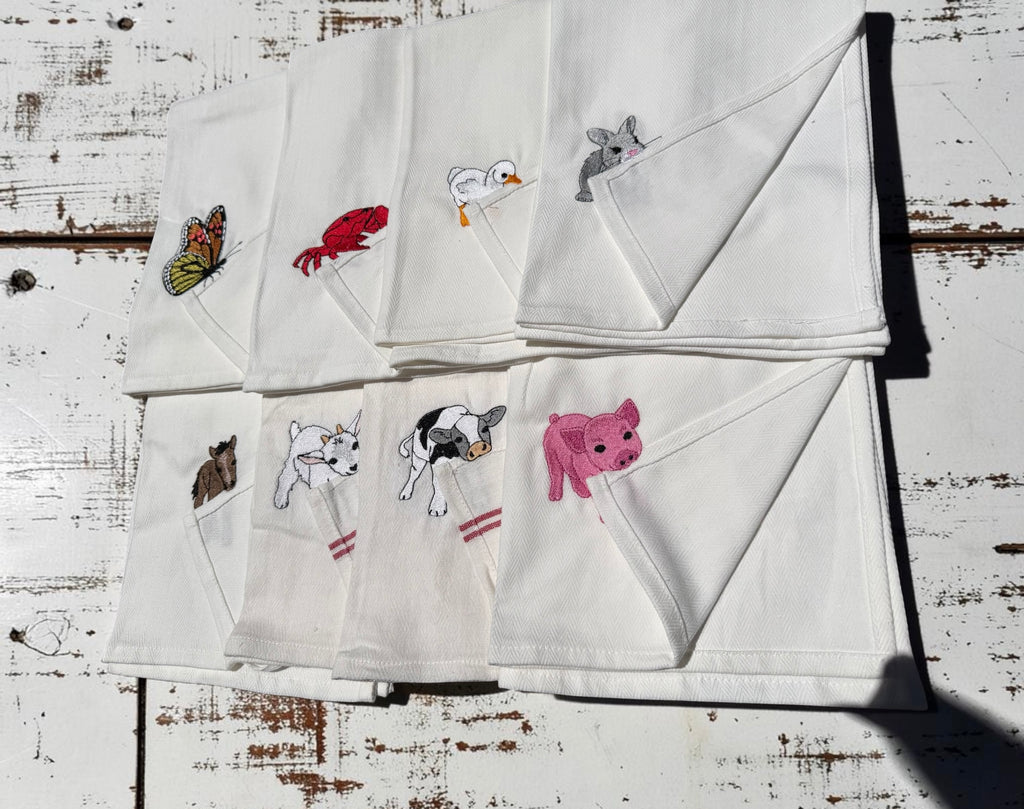 Embroidered Peek-A-Boo Animal Dish Towels – Farmhouse Kitchen Towels – Pig, Duck, Bunny, Butterfly & Crab Designs