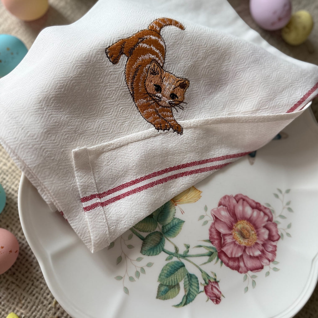 Embroidered Cat Waffle Kitchen Towel