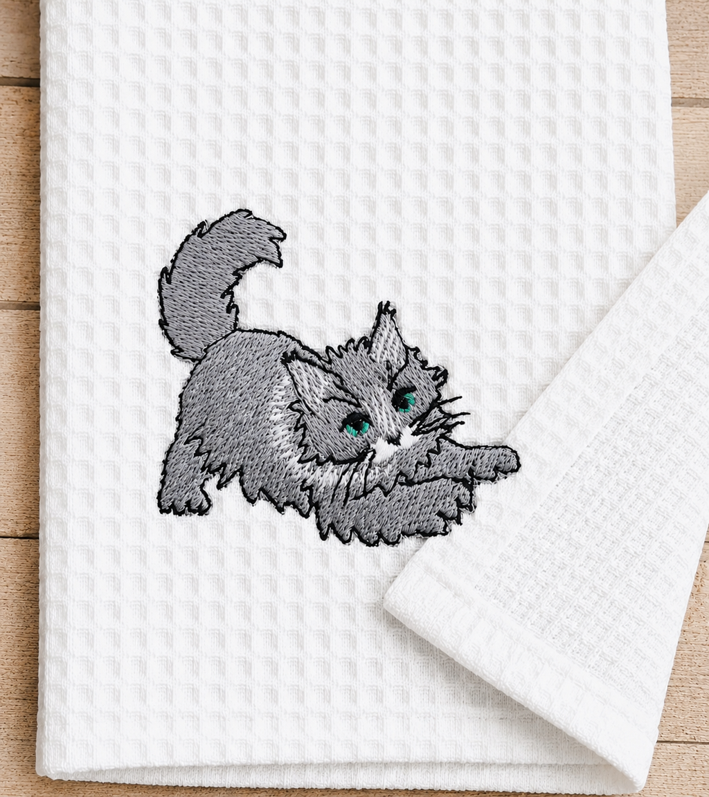 Embroidered Cat Waffle Kitchen Towel